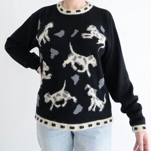 Vintage Basta Black & Cream  Dogs Knit 47% Wool Crewneck Sweater Size Medium